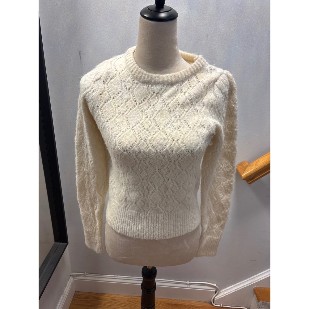 Heartloom Pointelle Diamond Knit Sweater Womens XS Cream‎ Ivory Puff Sleeve Crew